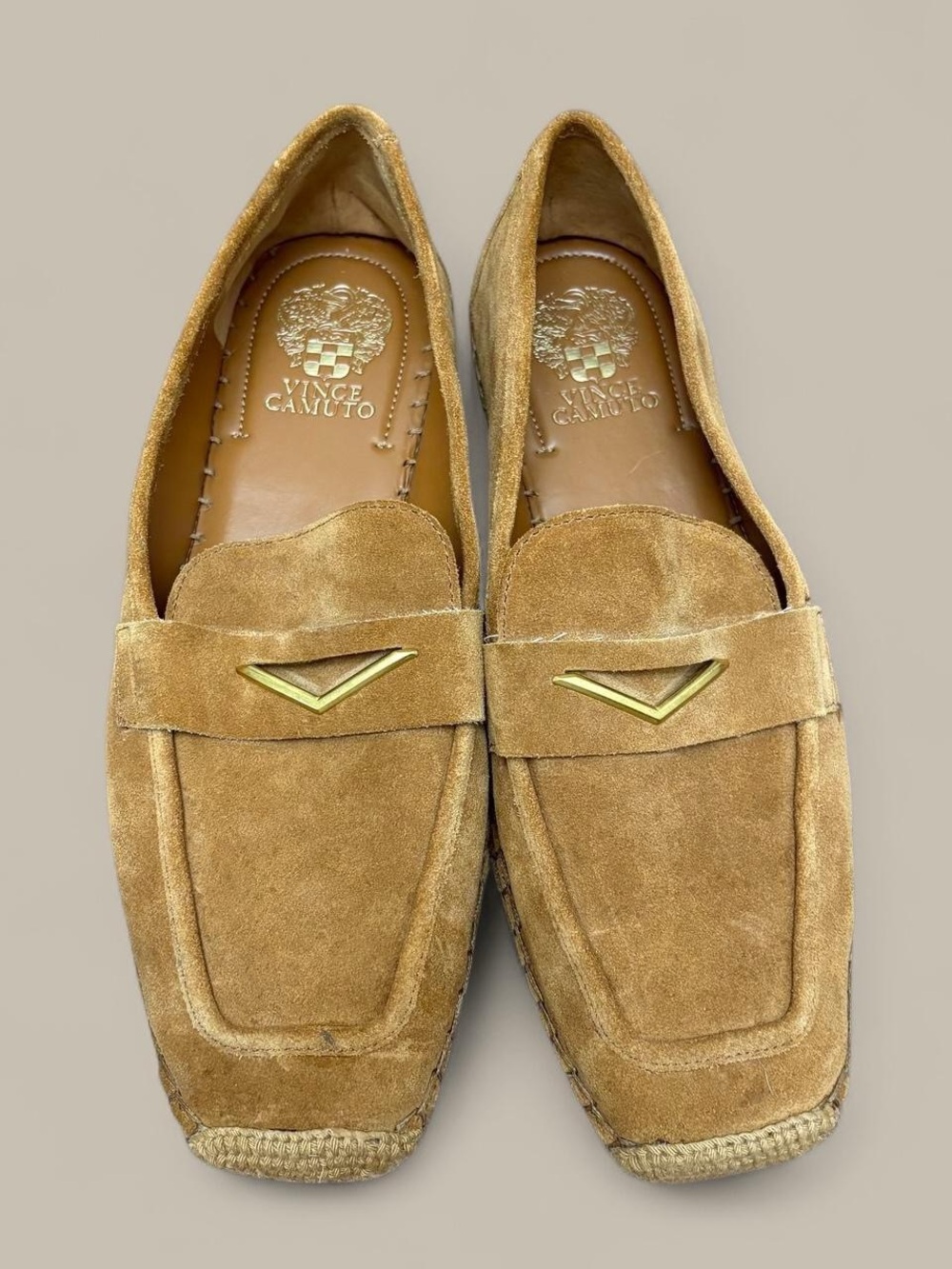 Vince Camuto Tan Suede Loafers with Gold Detail